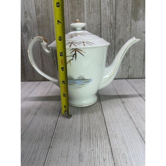 Vintage Kutani Ware Teapot 7" Tall & Plate 7" DIA Bamboo Village Golden Design - Picture 4 of 14